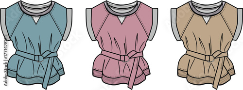 Fashion illustration of three sleeveless tops with contrasting trim and a tie belt in different color options teal, rose, and tan
