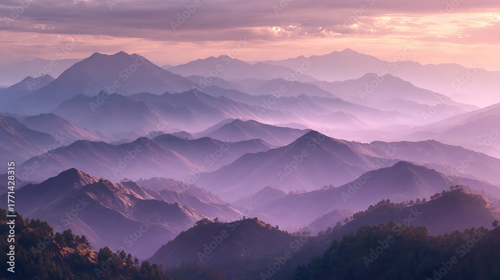 Obraz premium Lavender-tinted rolling hills with surreal mist and soft light horizon glow
