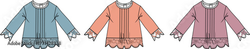 Three different colored blouses with decorative trim and scalloped edges, viewed from the front