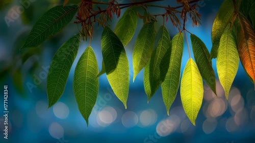 Autumn Leaves Backlit by Sunlight: Close-Up of Green and Changing Foliage on a Branch Against a Dark Background