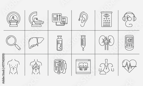 Thin line icon collection for medical diagnostics, human organ anatomy, and hospital equipment. Vector symbols for clinical healthcare