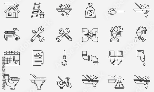 Comprehensive set of linear icons depicting plumbing, drainage systems, home maintenance, and repair services, including tools, equipment, and related tasks for household and professional use