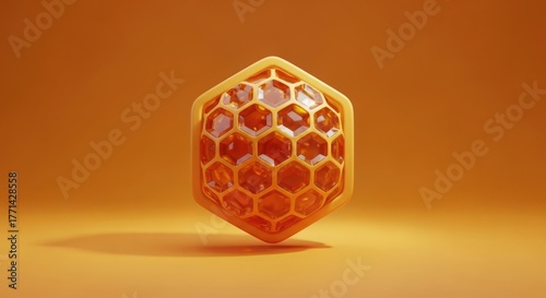 A single honeycomb cell with honey inside on an orange background