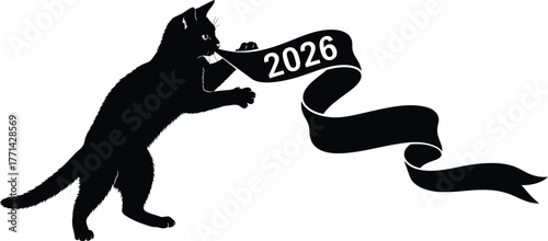 A black cat holding a 2026 banner , symbolizing upcoming year with a touch of feline charm and anticipation