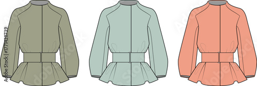 Fashion Illustration Colorful blouson jacket design in shades of green, blue, and peach, vector art