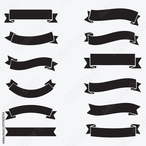 Modern Ribbon Banner Icon Set – 12 Minimal Black Designs in Grid Layout