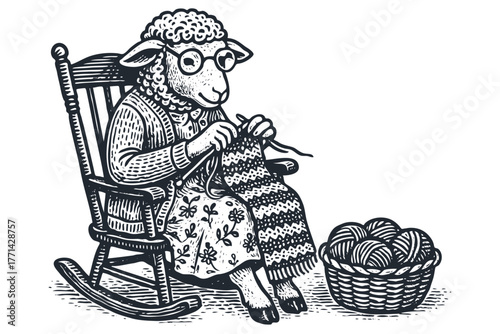 An anthropomorphic sheep character knitting in a rocking chair next to a basket of yarn. Vintage monochrome illustration in a classic woodcut or engraving style.