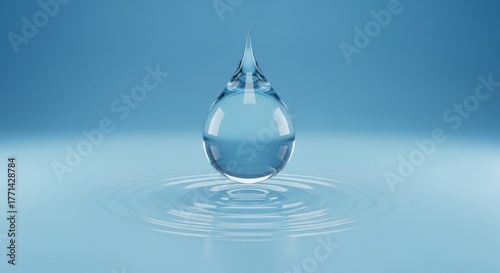A single water drop falling into water on a blue background