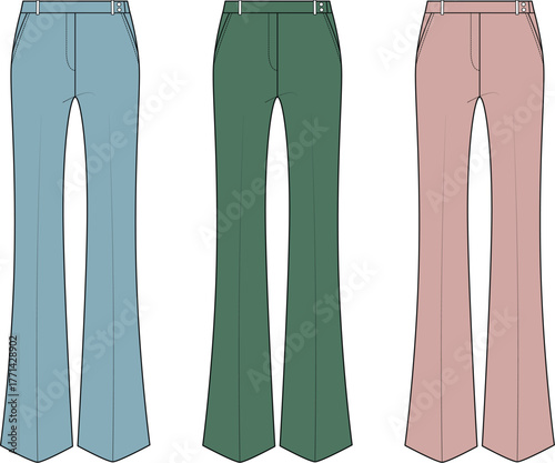 Set of three elegant women's flared trousers in blue, green, and pink, showcasing fashion design and style