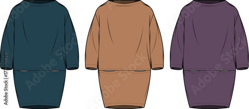 Set of oversized tunic dress fashion flat technical sketches. Long sleeve sweatshirt dress vector illustration template in multiple colors for clothing design