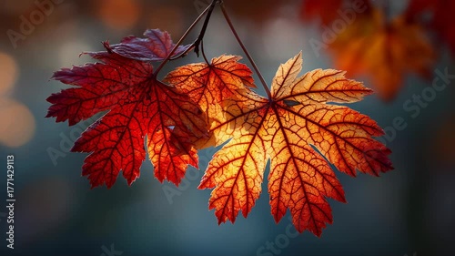 Vibrant Red Japanese Maple Leaves with Morning Dew Drops on Dark Teal Background, Symbolizing Autumn Serenity and Beauty
