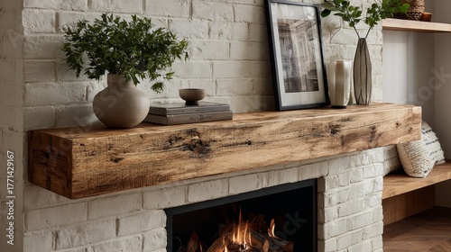 Rustic handcrafted solid wood fireplace mantel shelf with warm natural tones, textured finish, long open top for books or artwork above white built-in fireplace in modern home