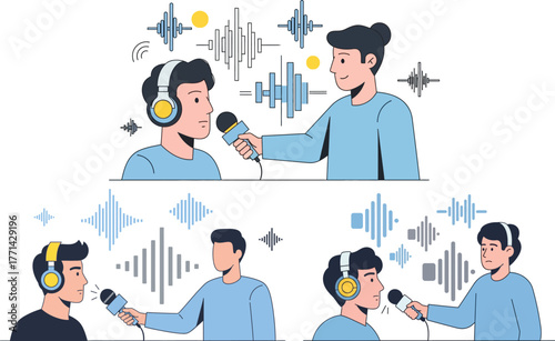 Pod casters recording audio podcast with microphones and sound waves illustration