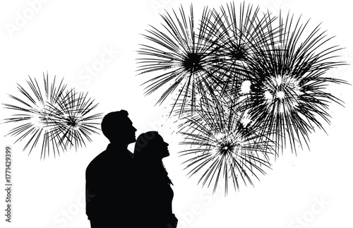 Silhouette of a couple watching fireworks, isolated scene is celebratory and romantic, perfect for a special occasion