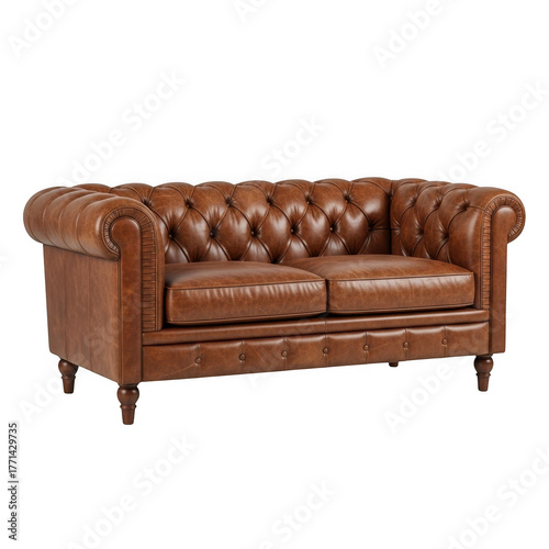 Classic brown chesterfield sofa two seater leather furniture for elegant living room decor transparent background