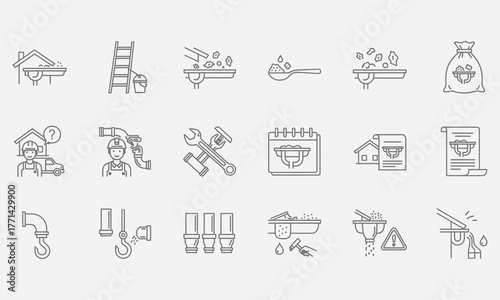 Gutter cleaning and repair service icon set for home maintenance and contractor business vector illustration