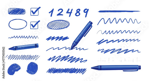 Blue Pen Strokes and Marks Hand-Drawn Vector Elements for Design