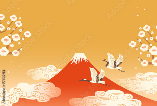 富士山と鶴の背景　和風お正月素材　年賀状