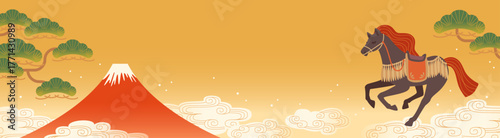 富士山と干支の背景　午年のお正月素材
