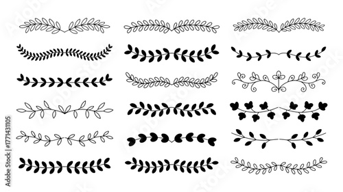 Collection of hand drawn floral dividers decorative frames with leaves and branches for design element set of botanical borders for decoration, invitation, and card