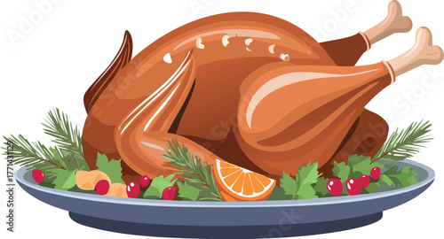 Roasted turkey dinner celebrating thanksgiving and christmas holiday