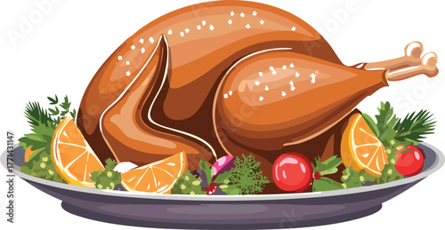 Roasted turkey dinner with festive holiday decorations