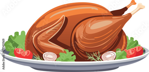 Roast turkey dinner on platter with garnish