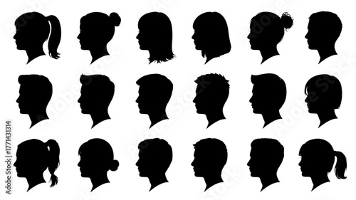 Silhouette head portraits of diverse people a collection of various male and female head profiles in black, showcasing different hairstyles and ages