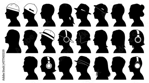 Collection of diverse head silhouettes wearing various hats and headphones, representing different styles, professions, and interests