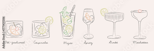 Vintage doodle cocktail glass set for bar menu, kitchen wall art, or social media in retro hand-drawn style. Cute outline illustration of classic drinks for restaurant, party, and poster design. 