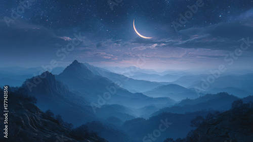 Night Mountain Landscape with Crescent Moon