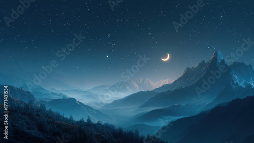 Night Mountain Landscape with Crescent Moon