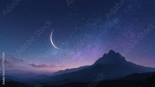Night Mountain Landscape with Crescent Moon
