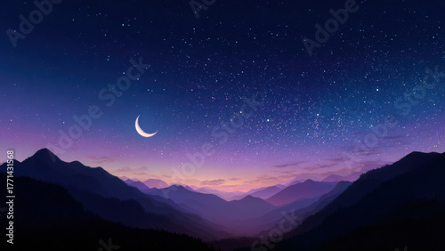 Night Mountain Landscape with Crescent Moon
