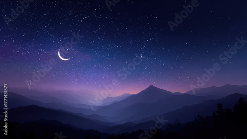Night Mountain Landscape with Crescent Moon