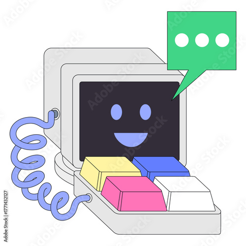 Conversational AI on vintage interface, Chatbot interaction via desktop terminal, Digital assistant on keyboard interface