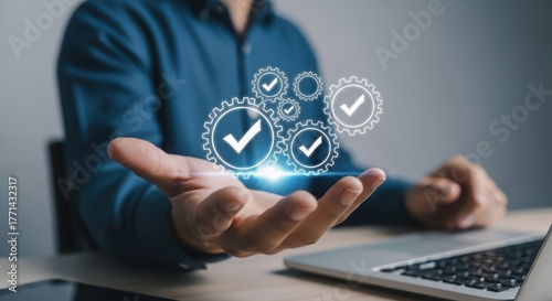 Man holding hand with check mark icon, quality assurance concept, guarantee standard