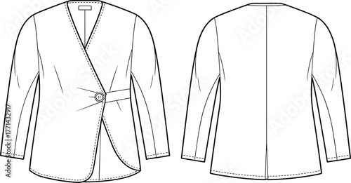 Women's asymmetrical blazer sketch, front and back view, single-button closure, strap detail, V-neckline, fashion flat, garment design, vector