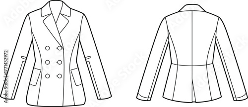 Women's double-breasted blazer sketch, front and back view, notched collar, patch pockets, strap sleeve detail, fashion flat, vector design