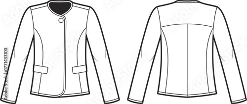 Women's jacket front and back view, curved opening, flap pockets, round neckline, yoke detail, technical sketch, garment design, vector