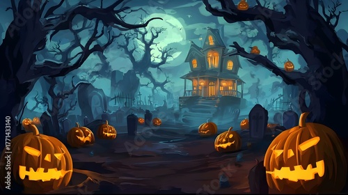 Cartoon haunted manor, glowing jack-o’-lanterns and crooked graveyard under moonlit spooky trees, dark-vector Halloween scene on white, eerie fantasy backdrop for creative projects.