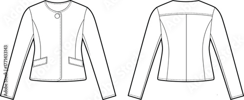 Women's jacket front and back view, technical fashion sketch, round neckline, flap pockets, princess seams, garment design, vector illustration