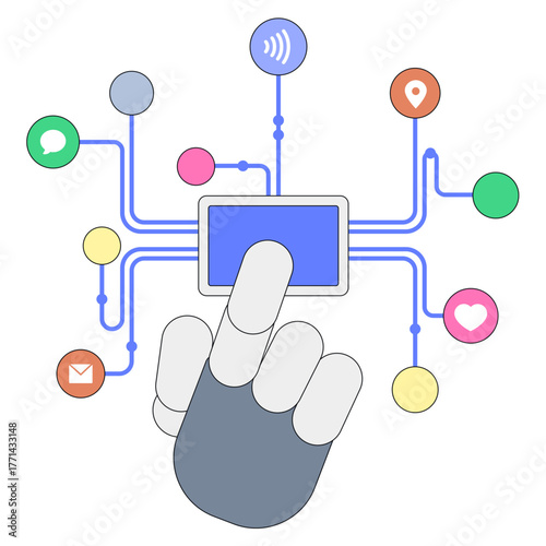 Robot hand tapping touchscreen interface, AI powered automation control