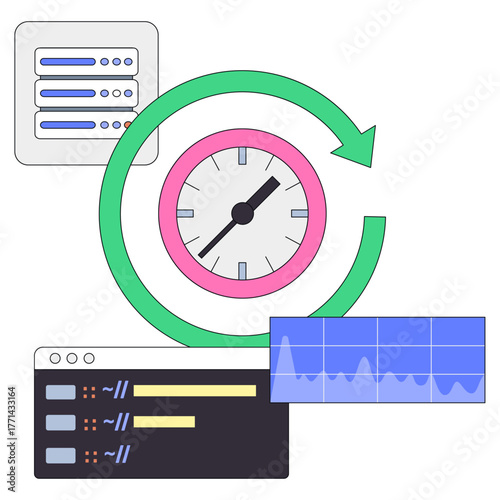 Server panel and code window with sync symbol, Live data synchronization workflow