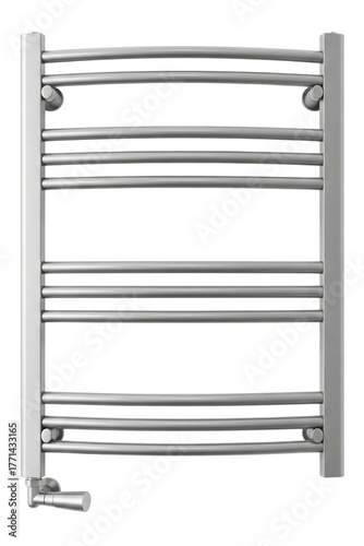 Brushed metal heated towel rail with a curved ladder design isolated on a transparent background