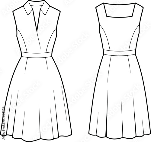 Women's sleeveless dresses sketch, front views, collared neckline, square neckline, flared skirt, waistband detail, fashion flat, garment design, vector