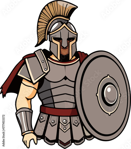 Spartan Warrior in Silver Armor with Shield Vector – Ancient Greek Soldier Helmet and Red Cape