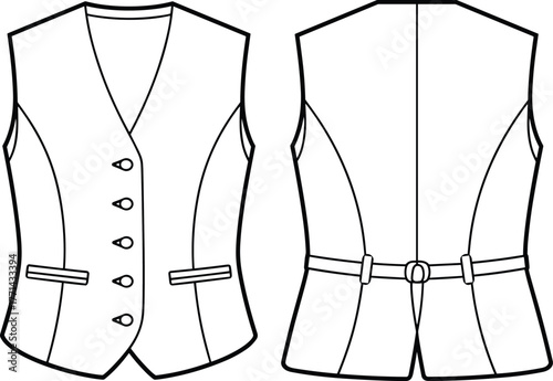 Women's tailored vest front and back view, V-neckline, button closure, welt pockets, adjustable belt, fashion sketch, garment design, vector