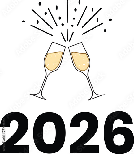 Two champagne glasses clinking with 2026 celebration