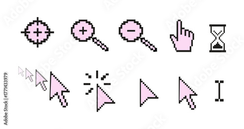 Pixel cursor and pointer icons set in retro style. Minimal pixelated mouse arrow, hand, hourglass, magnifier, and text select symbols for web, apps, and digital design. Vector isolated illustration.